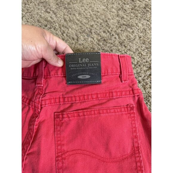 VINTAGE LEE Red Denim Jean Shorts Jorts Mom Relaxed USA Union High Rise Sz28 Y2k - Picture 8 of 11